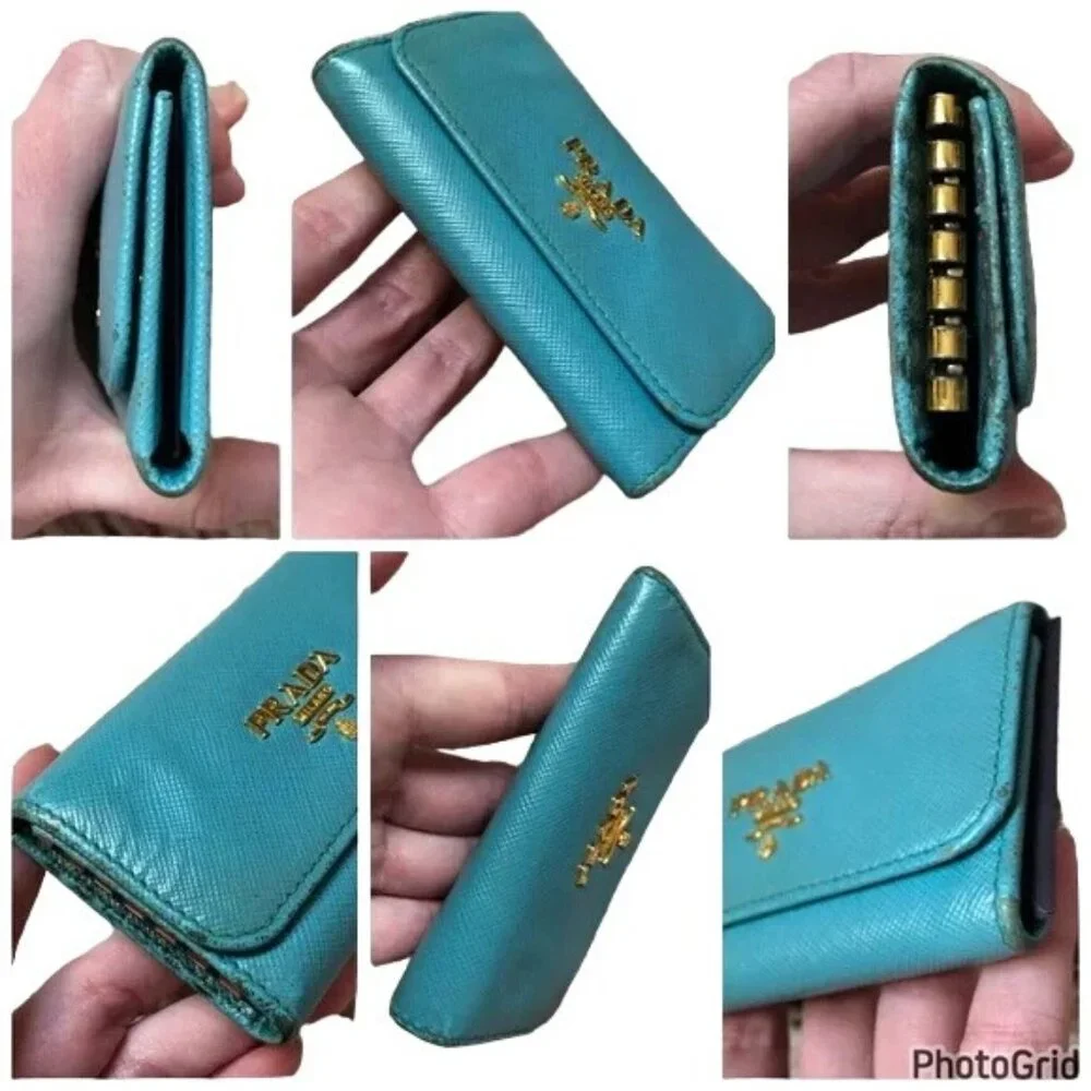 PRADA Voyager Italian Saffiano Leather Metal 6 Key Holder Cobalt Turquoise Blue